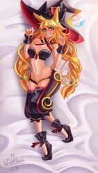 1girls animal_ears blonde_hair breasts cat_ears dakimakura female green_eyes humanoid kemonomimi long_hair metallia mostly_clothed navel nenerhea pale_skin pose sharp_teeth smiling solo the_witch_and_the_hundred_knight witch_hat