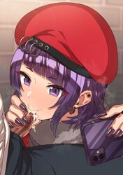 1boy bangs beret cellphone censored cum cum_in_mouth diagonal_bangs erection erere eyebrows_visible_through_hair fellatio female hat holding holding_phone idolmaster idolmaster_shiny_colors long_hair mosaic_censoring oral overflow penis penis_grab phone purple_eyes purple_hair red_headwear smartphone solo_focus straight tanaka_mamimi