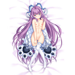 azur_lane blanket blue_eyes blush breasts collarbone commentary_request erspace female full_body hair_ornament long_hair navel paws purple_hair pussy small_breasts solo sweat tashkent_(azur_lane) thighhighs