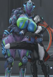 1boy 1girls alien big_breasts erection femboy femboy_on_female girly hand_holding hildryn_(warframe) huge_balls huge_breasts huge_cock hugging hung_trap hyper_penis larger_female muscular_female nezha_(warframe) penis_to_the_knees robot size_difference small_but_hung smaller_male standing thick_thighs trap vindicate warframe wide_hips