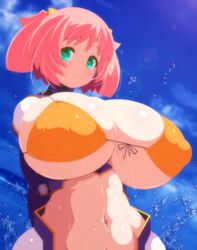 1girls big_breasts bikini bikini_armor breasts cleavage curvy female green_eyes heart-shaped_pupils huge_breasts katsuki_yousuke large_breasts looking_at_viewer nipples_visible_through_clothing original original_character outdoor pink_hair short_hair shortstack skimpy_clothes smiling solo thick_thighs underboob yellow_bikini