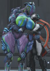 1boy 1girls alien big_breasts femboy femboy_on_female flaccid girly hand_holding hildryn_(warframe) huge_balls huge_breasts huge_cock hugging hung_trap hyper_penis larger_female muscular_female nezha_(warframe) penis_to_the_knees robot size_difference small_but_hung smaller_male standing thick_thighs trap vindicate warframe wide_hips