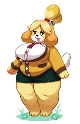 1girls animal_crossing anthro blonde_hair blush_stickers bow breasts canine chubbuppy chubby chubby_female collar curvy dipstick_tail fat female female_focus female_only furry hips huge_breasts isabelle_(animal_crossing) jingle_bell large_breast nintendo open_mouth overweight overweight_female pawpads ponytail shirt shoripurin skirt smiling solo standing sweater tail thick_thighs thighs tied_hair topknot vest voluptuous white_background wide_hips yellow_fur