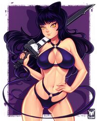 1girls bangs bikini blake_belladonna blush breasts cleavage cleavage_cutout female foxilumi hair_ribbon hand_on_hip holding_object holding_weapon long_hair looking_at_viewer navel pinup pose purple_background purple_bikini purple_hair rwby simple_background smile solo solo_focus standing sword yellow_eyes