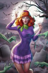 clothing daphne_blake douglas_bicalho dress female graveyard hanna-barbera purple_dress scooby-doo signature text zombie