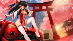 blush car reimu_hakurei shrine socks thigh_socks touhou umbrella wallpaper