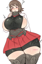 artist_name black_hotpants black_thighhighs blush breasts_bigger_than_head brown_hair cleavage commission female giantess girls_und_panzer grey_legwear high_collar hot_pants looking_down nishizumi_maho one_hand_behind_ass patreon_reward people_stucked pinkkoffin question_mark red_skirt reward shiny_skin shiny_thighs short_hair side_boob side_slit sideboob simple_background slim_waist small_people smooth_skin thick_thighs twitter twitter_username white_armwear white_background wide_hips