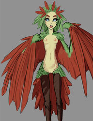 animal_humanoid avian avian_humanoid bird_humanoid blue_eyes breasts feather_hair feathered_wings feathers female genitals green_body green_hair hair humanoid looking_at_viewer multicolored_body nipples nude open_mouth portals_of_phereon pseudo_hair pussy red_body simple_background small_breasts small_waist solo syvaron tail_feathers thigh_gap wings