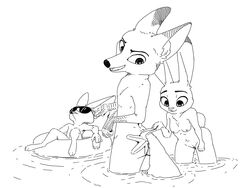 2020 4:3 anthro asterozoan breasts canid canine disney echinoderm eyewear female fennec finnick fox fur genitals glasses group hi_res inktober inktober_2020 judy_hopps judyhopps44 lagomorph leporid male mammal marine monochrome nick_wilde nipples nude partially_submerged pussy rabbit red_fox simple_background small_breasts smile standing starfish sunglasses water white_background zootopia