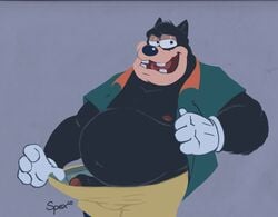 belly black_body black_fur clothed clothing disney domestic_cat felid feline felis flashing foreskin fur genitals goof_troop hi_res male male_only mammal nipples overweight overweight_male partially_clothed partially_retracted_foreskin peeping penis peter_pete_sr. solo spectral-bat uncut