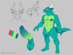 4:3 absurd_res balls big_penis claws concept_art dragon eyebrows genitals hi_res horn male male_only model_sheet muscular muscular_male nipples penis saggy_balls solo spikes tenji_the_dragon thick_eyebrows ventesthefloof