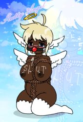 angel angel_wings arms_behind_back ball_gag bbw blonde_hair blue_eyes blush bound clouds cum cum_on_hair cum_on_halo dark-skinned_female dark_areola dark_areolae dark_nipples drooling female female_only gag hair_tuft japanese_rope_bondage mitzi-chan mitzi-chan_(artist) ms_paint short_hair sky_background small_areola small_nipples solo_female stockings tear tearing_up tears text text_on_body thick_thighs wet_pussy