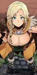 1girls bianca_whitaker blonde_hair blue_eyes breasts butcha-u cleavage clothing dragon_quest dragon_quest_v eroquis fantasy female female_warrior large_breasts long_hair looking_up nintendo outdoor smiling twintails video_game