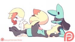 1boy 1girls all_fours animated anthro anthrofied areolae ass belly big_ears big_feet big_tail black_fur blue_fur blush bouncing_breasts braixen breasts canine canine_penis diives erection eyelashes fangs feet female fox furry half-closed_eyes hi_res interspecies knot looking_back lucario male mature nintendo nipples nude on_back on_top open_mouth patreon paws penetration penis pokemon pokemon_(species) pokemon_dppt pokemon_xy pussy_juice red_eyes reverse_cowgirl_position riding sex spikes stick straight sweat teeth text tongue url vaginal_penetration video_games watermark wet white_background white_fur yellow_fur