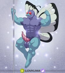 abs antennae_(anatomy) anthro anthrofied armpit_hair ball_tuft balls bodily_fluids body_hair butterfree facial_hair fangs genital_fluids genitals hi_res lepidopteran_wings lovkuma male moustache muscular muscular_anthro muscular_male nintendo nude pecs penis pokémon_(species) pokémorph pokemon pole precum precum_string pubes purple_balls purple_body red_eyes solo sparkles stripper_pole tapering_penis tuft unusual_genitalia unusual_penis video_games wings