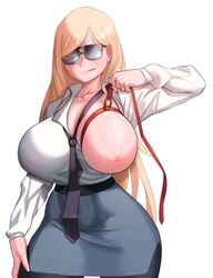 black_necktie black_pantyhose blonde blue_skirt breasts business_suit collared_shirt female_focus glasses hourglass_figure huge_breasts impossible_clothes leash_between_breasts leash_pull long_hair looking_at_viewer miniskirt office_lady one_breast_out one_breast_out_of_clothes original pantyhose pantyhose_under_skirt pencil_skirt pink_nipples popogori red_leash shiny_breasts simple_background skirt skirt_suit slim_waist small_nipples smooth_skin solo_female solo_focus square_glasses standing tagme_(character) teasing tight_skirt tongue_out white_shirt