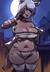 1girls :p animal_ears bandages black_sclera breasts chubby cleavage curvy d.va fang female fox fox_ears kitsune large_breasts moon moonlight night night_sky overwatch panties shin-ryeong_d.va solo thigh_highs thighhighs tod0231 tongue_out venus_body voluptuous white_hair wide_hips