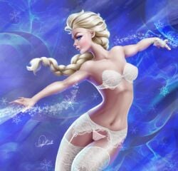 1girls blonde_hair bra disney douglas_bicalho elsa_(frozen) female_only frozen_(film) medium_breasts panties pussy see-through see-through_panties small_breasts solo solo_female