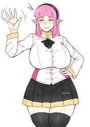 artist_name black_hairband black_legwear black_ribbon black_skirt breasts_bigger_than_head closed_eyes elf elf-chan elf_chan elf_ears female fully_clothed hand_on_hip happy high_five highres long_ears patreon patreon_reward pink_hair pinkkoffin pointy_ears simple_background standing thick_thighs twitter twitter_username waving white_background white_dress white_shoes wide_hips