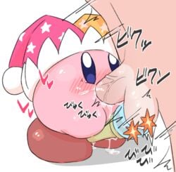 balls balls_grab beam_kirby blowjob blue_eyes blush fellatio human kirby kirby_(series) love penis pink_body pink_skin poi_(artist) waddling_head