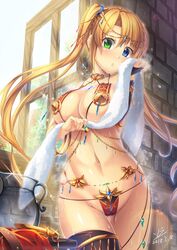 belly belly_chain belly_dancer belly_dancer_outfit blonde_hair blue_eyes dancer dancer_outfit femsub green_eyes harem_girl harem_outfit heterochromia huge_breasts hyui_cf2 jewelry lots_of_jewelry navel original original_character slave slave_outfit submissive_female sweat sweaty twintails