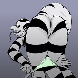 1:1 anthro anus black_markings black_stripes clothing female fingers forked_tongue genitals green_clothing green_panties green_underwear grey_background hi_res lazzzy_drawings looking_at_viewer markings open_mouth panties pussy reptile sasha_(lazzzy_drawings) scales scalie simple_background snake snake_tongue solo striped_tail stripes teeth teeth_showing tongue underwear undressing white_body white_scales