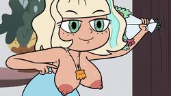 1girls artist_request boquet casual disney disney_channel disney_xd edit female female_only freckles freckles_on_chest jackie_lynn_thomas nipples pointing_at_self seashell_necklace solo star_vs_the_forces_of_evil streaked_hair sweat topless torpedo