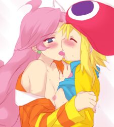 2girls ahoge amitie areolae arm_grab artist_request bare_shoulders blonde_hair blue_eyes blush breast_press breasts breasts_out cleavage closed_eyes clothing color_edit drooling earrings edit exposed_breasts eyebrows_visible_through_hair female female_only flat_chest french_kiss half-closed_eyes hat kissing long_hair long_pink_hair looking_at_another looking_pleasured multiple_girls nipples no_bra open_clothes open_mouth open_shirt passionate pink_hair pleasure_face puyo_puyo puyo_puyo_fever raffina_(puyo_puyo) saliva saliva_trail sega shirt shirt_lift shirt_up short_blonde_hair side_view sideboob simple_background small_breasts sweat sweatdrop third-party_edit tongue tongue_out undressing yuri