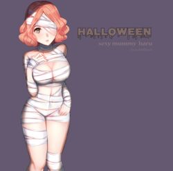 1girls big_breasts blush cleavage female_only halloween halloween_costume haru_okumura mummy mummy_costume navel persona persona_5 yaoto