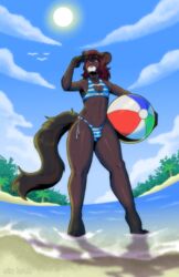 2020 anthro ball beach beach_ball bikini biped bird bulge clothed clothing cloud detailed_background digital_media_(artwork) femboy foreshortening fur furry furry_only girly hair inflatable male male_only mammal navel nipple_outline outside palm_tree partially_submerged pool_toy red_hair sand sea seaside sin_bruh skimpy sky smile solo standing striped_clothing sun sunglasses sunglasses_on_head swimwear tail thick_thighs trap water wide_hips