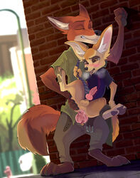 anal anal_sex animal_genitalia animal_penis anthro balls blush brick_wall canid canine canine_penis clothed_sex clothing cum disney drmax duo fennec finnick fox fraternity gay genitals hi_res knot male male/male male_only male_penetrated male_penetrating male_penetrating_male mammal nick_wilde penetration penis public size_difference yaoi zootopia