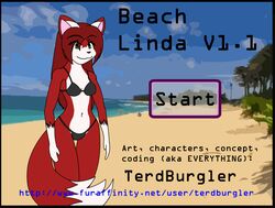 anthro beach bikini canid canine clothing english_text female fox fur green_eyes hair linda_wright mammal red_body red_fur red_hair seaside solo standing swimwear terdburgler text water white_body white_fur