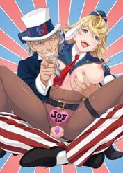 american_flag beard blonde_hair blue_eyes breast_grab butcha-u casual censored crotchless earrings exposed facial_hair female femsub functionally_nude functionally_nude_female game_cg gloves goatee hat high_resolution kenzen!_hentai_seikatsu_no_susume maledom old_man older_dom_younger_sub older_male older_man_and_teenage_girl pointing_at_viewer propaganda salute saluting sdpo skin_tight smile uncle_sam white_gloves younger_female