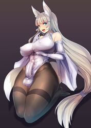 1futa :d animal_ear_fluff animal_ears aqua_eyes bangs bare_shoulders black_legwear blunt_bangs breasts bulge clothed clothing covered_nipples elbow_gloves erection erection_under_clothes fox_ears fox_girl fox_tail full_body fully_clothed futa_only futanari gloves hair_ornament highleg highleg_leotard highres horny humanoid humanoid_penis impossible_clothes impossible_leotard kemonomimi kneeling large_breasts leotard long_hair looking_at_viewer low-tied_long_hair open_mouth original pale_skin pantyhose penis_under_clothes silver_hair smile solo solo_futa tail tight_clothing ubanis very_long_hair