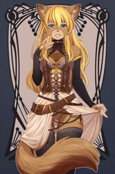 1girls 2017 anthro arm_warmers armwear blonde_hair blue_eyes bottomwear brown_body brown_fur clothing digital_media feline female fur genitals hair hi_res iwbitu legwear looking_at_viewer mammal pussy sahara_(skimike) shaded skirt skirt_lift solo standing steampunk thighhighs