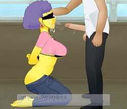 1boy 1girls blindfold cum cum_on_face curvy fellatio female forced hand_on_head huge_ass jeans jimmy_jammer kneeling konashion oral selma_bouvier super_deepthroat_game the_simpsons