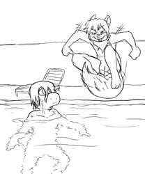 2012 anthro arcticsnow1 duo flaccid genitals geoff_(yoshi) jumping male male/male metal_(artist) monochrome penis pool_(disambiguation) sketch water wet