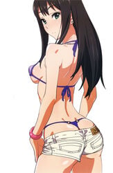 1girls aqua_eyes ass ass_cleavage back bangs bare_shoulders bikini bikini_under_clothes black_hair blue_eyes blush bracelet breasts brown_hair butt_crack closed_mouth cowboy_shot dimples_of_venus earrings erect_nipples expressionless female female_only from_behind green_eyes idolmaster idolmaster_cinderella_girls jewelry long_hair looking_at_viewer looking_back medium_breasts micro_bikini necklace o-ring_bottom pants perky_breasts puffy_nipples purple_bikini purple_swimsuit shibuya_rin shiny shiny_skin short_shorts shorts shoulder_blades sideboob simple_background skindentation solo solo_female standing strap_gap stud_earrings suna swimsuit thong thong_above_shorts thong_bikini thong_straps whale_tail white_background white_pants wristband