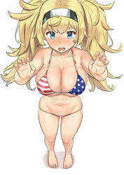 1girls absurdres alternate_costume american_flag american_flag_bikini bare_legs big_breasts bikini blonde_hair blue_eyes blush breasts cleavage collarbone embarrassed eyebrows_visible_through_hair female female_only flag_print from_above gambier_bay_(kantai_collection) groin hair_between_eyes hairband hands_up highres hip_focus kantai_collection large_breasts long_hair messy_hair navel open_mouth simple_background solo solo_female soushou_nin stomach swimsuit tears twintails underwear white_background worried