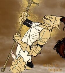 abstract_background anthro armor armwear artist_request colored cum_drip cum_dripping dark_souls dragon_slayer_ornstein erection fromsoftware furry helmet holding_object holding_weapon legwear lightning looking_up male male_only nipples presenting_penis simple_background skinny solo spear tagme text white_background