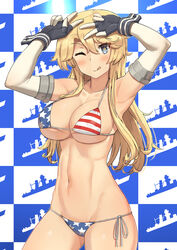 1girls absurdres american_flag american_flag_bikini big_breasts bikini blonde_hair blue_background blue_eyes breasts checkered checkered_background closed_mouth collarbone elbow_gloves female female_only fit_female flag_print gloves highres iowa_(kantai_collection) kantai_collection large_breasts long_hair looking_at_viewer navel one_eye_closed side-tie_bikini skindentation smile solo solo_female soushou_nin star-shaped_pupils star_(symbol) swimsuit symbol-shaped_pupils tongue tongue_out two-tone_background upper_body v white_background