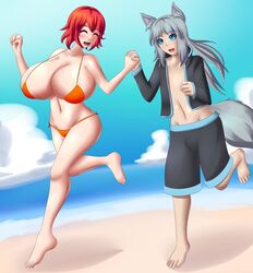 1boy 1girls aionne_(jcdr) animal_ears aqua_eyes barefoot beach bikini blush breasts clenched_hand closed_eyes collarbone eyebrows_visible_through_hair female gray_hair hand_holding huge_breasts jcdr karaken karaken_(karakenart) long_hair looking_at_another looking_at_partner male monster_boy open_mouth open_vest original_character outdoors red_hair running short_hair sky smile straight swim_trunks swimsuit swimwear tail