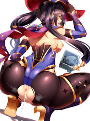 anus ass back bangs bare_shoulders black_hair black_legwear blue_eyes breasts censored cum cumdrip female genshin_impact gold_(metal) gold_heels gold_jewelry hat high_heels highres jewelry leotard long_hair looking_at_viewer looking_back mage magukappu medium_breasts mona_(genshin_impact) nipples open_mouth pantyhose purple_headwear purple_leotard pussy simple_background squatting thighs torn_clothes torn_legwear twintails very_long_hair white_background witch_hat