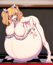 1girls areolae big_breasts bondage breasts character_request copyright_request female female_only femsub huge_belly hyper_belly hyper_pregnancy large_breasts looking_at_viewer nipples nude pregnant ready_to_pop restrained solo uwasa75