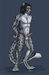 abs anatomically_correct anatomically_correct_genitalia anatomically_correct_penis animal_genitalia animal_penis anthro balls black_hair bodily_fluids cheetah claws dripping felid feline feline_penis fur genital_fluids genitals green_eyes grey_body grey_fur hair handcuffed handcuffs hands_behind_back heatherwolf hi_res jewelry long_hair male male_only mammal necklace paws penile_spines penis precum precum_drip retractable_claws shackles solo spots spotted_body spotted_fur white_body white_fur