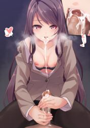 after_fellatio black_hair breasts cum cum_drip cum_in_mouth cum_on_penis fellatio female gundou_mirei handjob male nijisanji nipples open_clothes open_shirt orientation_play red_eyes small_breasts straight virtual_youtuber yamaya_oouemon