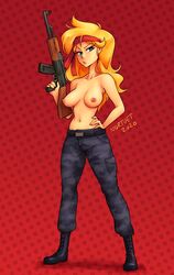 1girls 2020 2020s ak-47 bad_launch big_hair black_boots black_legwear blonde blonde_hair blondie blue_eyes boobs breasts camouflage camouflage_pants casual casual_exposure casual_topless dated dragon_ball exposed_breasts exposed_nipples female female_only firearm footwear gun headband headwear human large_breasts launch long_hair looking_at_viewer nipples nortuet pale_skin rifle shirtless solo thin_female tits topless topless_female weapon yellow_hair