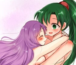 2girls blush closed_eyes collarbone fire_emblem fire_emblem:_the_blazing_blade florina_(fire_emblem) green_eyes green_hair hug hugging large_breasts long_hair lyn_(fire_emblem) medium_breasts miyako_(artist) miyako_(mongcocoa) nintendo nude nude_female one_eye_closed ponytail purple_hair yuri