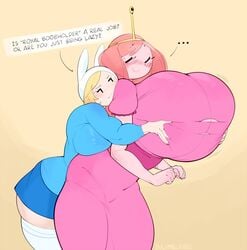 ... 2girls adventure_time big_breasts blonde_hair blush breast_grab breasts breasts_bigger_than_head bulumble-bee cartoon_network cleavage female female_only fionna_the_human_girl from_behind gigantic_breasts hands_on_breasts holding_breasts huge_breasts hyper hyper_breasts pink_dress pink_hair princess_bubblegum royal size_difference speech_bubble text thick_thighs top_heavy wide_hips yuri