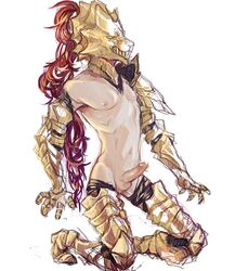 anthro armor armwear artist_request balls ballsack colored dark_souls dragon_slayer_ornstein erection fromsoftware helmet legwear male male_only nipples on_knees presenting_penis simple_background skinny solo white_background